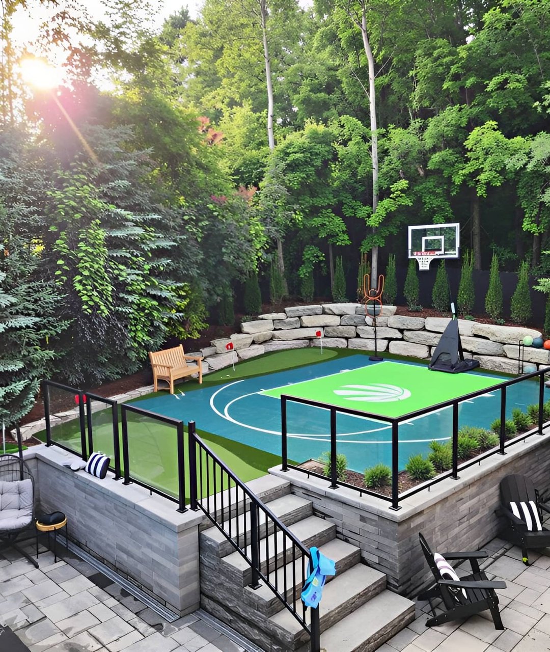 Hardscape installation around a custom backyard basketball court